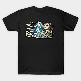 Vintage Japanese Art Sports Hiker Mountain Climbing Cat T-Shirt